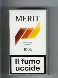 Merit 100s white and brown and orange and yellow cigarettes hard box