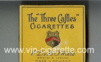The \'Three Castles\' cigarettes yellow wide flat hard box