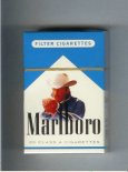 Marlboro with cowboy with cigarette white and blue cigarettes hard box