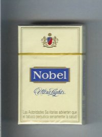 Nobel Ultra Lights yellow and blue cigarettes hard box