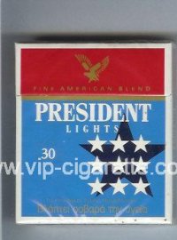 President Lights Fine American Blend 30 blue and red cigarettes hard box
