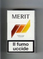 Merit white and brown and orange and yellow cigarettes hard box